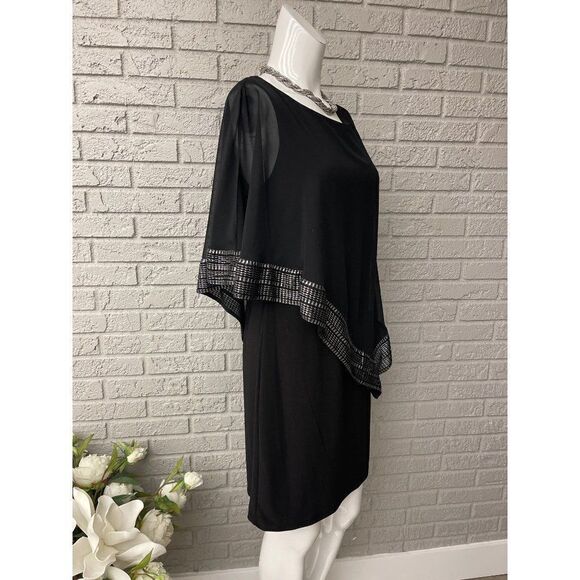 SLNY Women Navy With Sliver Metallic Trim Capelet Sheath Dress Size 8 - Picture 5 of 12